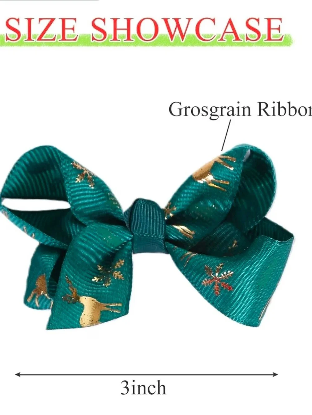 Girls Christmas Hair Bows Set of 2 Green Gold Reindeer 3